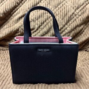 Kate Spade Mini Black Linen Box Tote Bag W/ Gingham Red Checkered Lining